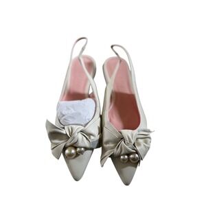 Arezzo Slingback Flats Womens 7B Cream Leather Bow Pearl Pointed Toe